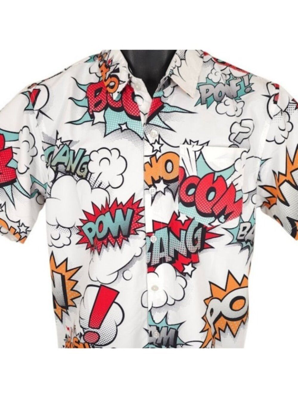 Comic Book Camp Shirt Mens Size Small White All Over Print Word Bubbles
